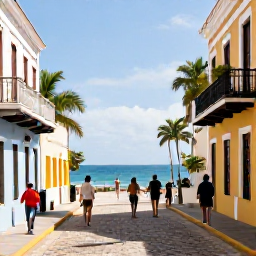 Caribbean Holidays, Puerto Rico January, Travellers enjoying a warm January cultural holiday in Puerto Rico, combining a historic town visit with a scenic tropical coastline