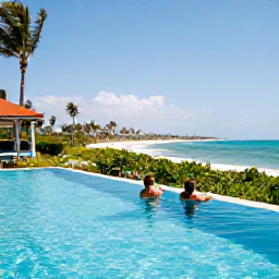 Caribbean Holidays, Puerto Rico July, Adults relaxing by an infinity pool overlooking a tropical Puerto Rican coastline