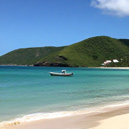 Caribbean Holidays, Puerto Rico July, Clear turquoise water, green hills and a small boat near a Puerto Rican beach on a sunny July day