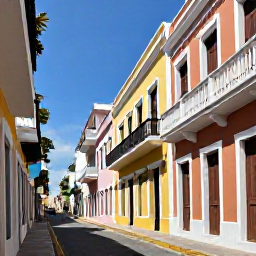 Caribbean Holidays, Puerto Rico July, Colourful San Juan street with colonial buildings, balconies and tropical sunshine in July
