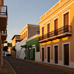 Caribbean Holidays, Puerto Rico July, Golden evening light over Old San Juan, Puerto Rico, with colourful colonial buildings and cobbled streets