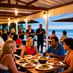 Caribbean Holidays, Puerto Rico July, Outdoor restaurant in Puerto Rico serving colourful Caribbean food, local musicians and visitors enjoying a warm July evening
