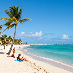 Caribbean Holidays, Puerto Rico July, Pristine Puerto Rican beach with turquoise water, palm trees and travellers relaxing under July sunshine