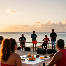 Caribbean Holidays, Puerto Rico July, Relaxed evening in Puerto Rico with visitors enjoying live music and local food beside the sea under warm sunset light