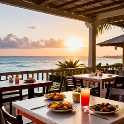 Caribbean Holidays, Puerto Rico July, Romantic Puerto Rican restaurant terrace at sunset with local food and tropical drinks