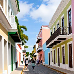 Caribbean Holidays, Puerto Rico July, Visitors exploring the colourful streets of Old San Juan, Puerto Rico, with pastel colonial buildings, cobbled lanes and historic fortifications