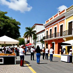 Caribbean Holidays, Puerto Rico June, Colourful Puerto Rican festival street scene in June, with musicians, dancers and local food stalls in a historic town square