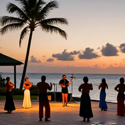 Caribbean Holidays, Puerto Rico June, Puerto Rico coastline at sunset with a relaxed outdoor music performance, local dancers and palm trees beside the Caribbean Sea