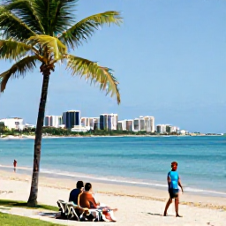 Caribbean Holidays, Puerto Rico June, Relaxed visitors on Condado beach near San Juan, with palm trees, calm turquoise water and the city skyline in the distance