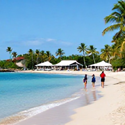 Caribbean Holidays, Puerto Rico June, Tropical Puerto Rico beach with calm turquoise water, palm trees and a couple enjoying a June cultural holiday near local villages