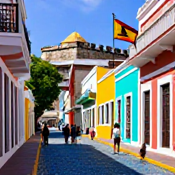 Caribbean Holidays, Puerto Rico June, Visitors exploring colourful colonial streets in Old San Juan, Puerto Rico, with blue cobblestones, bright buildings and historic forts in warm June sunshine