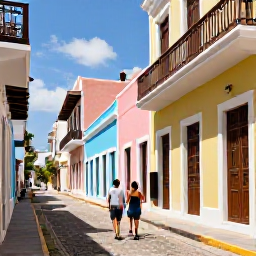 Caribbean Holidays, Puerto Rico Luxury, A couple walking through colourful Old San Juan streets in February sunshine, with historic buildings, balconies and cobbled pavement