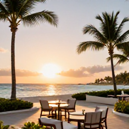 Caribbean Holidays, Puerto Rico Luxury, A luxurious beachfront resort in Puerto Rico at sunset, with palm trees, calm turquoise water and elegant outdoor seating