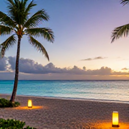 Caribbean Holidays, Puerto Rico Luxury, A luxury beachfront resort in Puerto Rico at sunset, with palm trees, calm turquoise water and elegant outdoor lighting