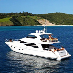 Caribbean Holidays, Puerto Rico Luxury, A private yacht cruising along Puerto Rico's tropical coastline, with clear blue water, green hills and guests relaxing on deck