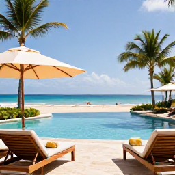 Caribbean Holidays, Puerto Rico Luxury, An elegant Puerto Rican resort pool overlooking a tropical beach, with sun loungers, fresh towels and palm trees