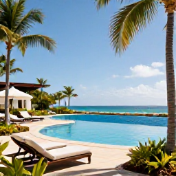 Caribbean Holidays, Puerto Rico Luxury, An elegant Puerto Rican resort pool overlooking the Caribbean, with comfortable loungers, tropical planting and blue skies