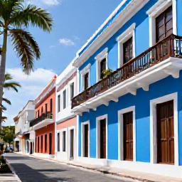 Caribbean Holidays, Puerto Rico Luxury, Colourful colonial street in Old San Juan, Puerto Rico, with blue buildings, balconies, cobbled pavement and palm trees
