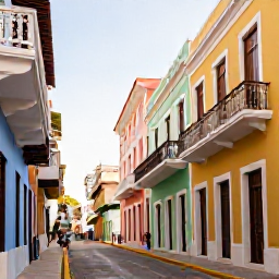 Caribbean Holidays, Puerto Rico Luxury, Colourful colonial street in Old San Juan, Puerto Rico, with pastel buildings, balconies and visitors exploring in warm sunshine