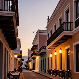 Caribbean Holidays, Puerto Rico Luxury, Colourful historic street in Old San Juan at sunset, colonial buildings, balconies, warm lanterns and relaxed outdoor dining