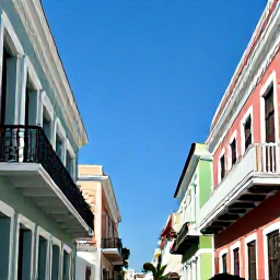 Caribbean Holidays, Puerto Rico Luxury, Colourful historic streets of Old San Juan, Puerto Rico, with Spanish colonial buildings and blue sky