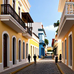 Caribbean Holidays, Puerto Rico Luxury, Colourful Old San Juan street with Spanish colonial buildings, balconies, cobbled paving and visitors exploring in warm sunshine
