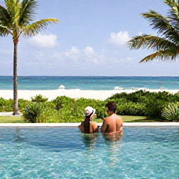 Caribbean Holidays, Puerto Rico Luxury, Couple enjoying a private infinity pool and beach view in Puerto Rico, with tropical greenery and bright February sunshine