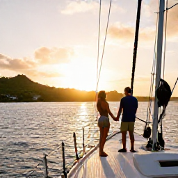 Caribbean Holidays, Puerto Rico Luxury, Couple enjoying a private sunset sail along Puerto Rico&rsquo;s coast, with golden light, gentle waves and distant green hills
