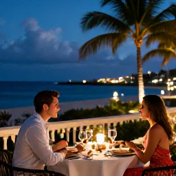 Caribbean Holidays, Puerto Rico Luxury, Couple enjoying a refined Christmas dinner on a Puerto Rico resort terrace overlooking the ocean, palm trees and evening lights
