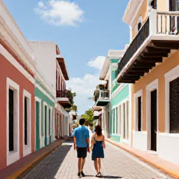 Caribbean Holidays, Puerto Rico Luxury, Couple exploring the colourful historic streets of Old San Juan, Puerto Rico, with Spanish colonial buildings in sunny March weather