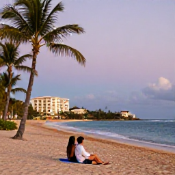 Caribbean Holidays, Puerto Rico Luxury, Couple relaxing on a quiet Puerto Rico beach beside a luxury resort, soft evening light, palm trees and Caribbean waves