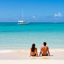 Caribbean Holidays, Puerto Rico Luxury, Couple relaxing on a secluded Puerto Rican beach beside clear turquoise water, with a private boat anchored offshore