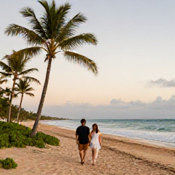 Caribbean Holidays, Puerto Rico Luxury, Couple walking on a quiet Puerto Rican beach in October, warm evening light, palm trees and calm sea