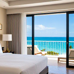 Caribbean Holidays, Puerto Rico Luxury, Elegant luxury hotel room in San Juan with balcony overlooking the ocean, December sunshine and refined Caribbean decor