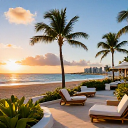 Caribbean Holidays, Puerto Rico Luxury, Elegant luxury hotel terrace in San Juan, Puerto Rico, overlooking a tropical beach at sunset