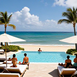 Caribbean Holidays, Puerto Rico Luxury, Elegant luxury hotel terrace overlooking a palm-fringed Puerto Rican beach, guests relaxing beside an infinity pool