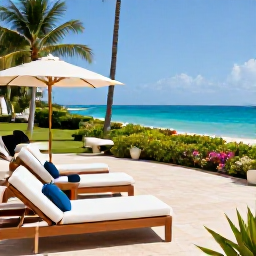 Caribbean Holidays, Puerto Rico Luxury, Elegant luxury hotel terrace overlooking the blue Caribbean Sea in Puerto Rico, comfortable loungers and tropical gardens