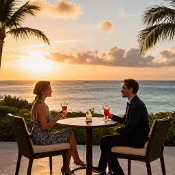 Caribbean Holidays, Puerto Rico Luxury, Elegant luxury hotel terrace overlooking the Caribbean Sea in Puerto Rico, with a couple enjoying cocktails at sunset