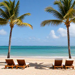 Caribbean Holidays, Puerto Rico Luxury, Elegant luxury resort overlooking a bright Caribbean beach in Puerto Rico, with palm trees, loungers and calm turquoise water