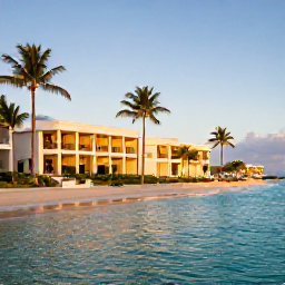 Caribbean Holidays, Puerto Rico Luxury, Elegant luxury resort overlooking a calm turquoise Caribbean bay in Puerto Rico during September, palm trees and warm evening light