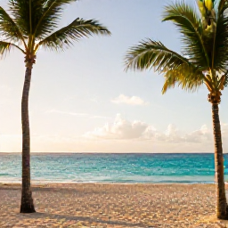Caribbean Holidays, Puerto Rico Luxury, Elegant luxury resort overlooking a turquoise Caribbean beach in Puerto Rico, palm trees and warm afternoon light