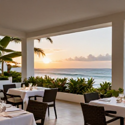 Caribbean Holidays, Puerto Rico Luxury, Elegant oceanfront hotel terrace in San Juan, Puerto Rico, with outdoor dining, tropical plants and sunset views