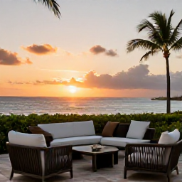 Caribbean Holidays, Puerto Rico Luxury, Elegant Puerto Rico resort terrace at sunset with ocean views, comfortable seating and warm March evening light