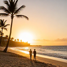 Caribbean Holidays, Puerto Rico Luxury, Golden beach on the Puerto Rico coast with a couple walking beside the sea at sunset, palm trees and gentle waves