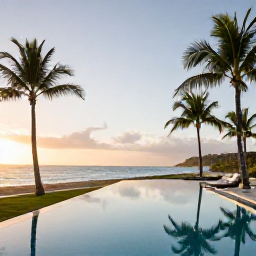 Caribbean Holidays, Puerto Rico Luxury, Luxury beachfront resort in Puerto Rico at sunrise, elegant pool, palm trees and calm Caribbean Sea