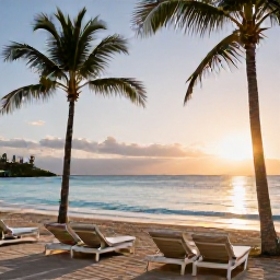 Caribbean Holidays, Puerto Rico Luxury, Luxury beachfront resort in Puerto Rico at sunrise, with palm trees, calm turquoise water and elegant loungers