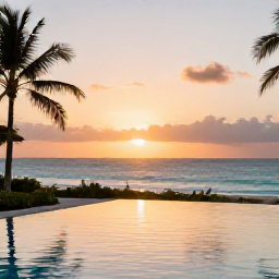 Caribbean Holidays, Puerto Rico Luxury, Luxury beachfront resort in Puerto Rico at sunset in December, elegant pool, palm trees and calm turquoise sea