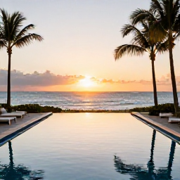 Caribbean Holidays, Puerto Rico Luxury, Luxury beachfront resort in Puerto Rico at sunset in October, elegant pool, palm trees and calm Caribbean Sea