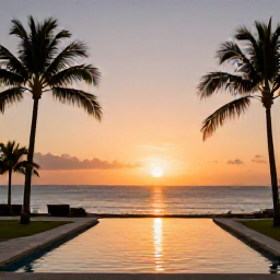 Caribbean Holidays, Puerto Rico Luxury, Luxury beachfront resort in Puerto Rico at sunset, palm trees, elegant pool and calm Caribbean Sea