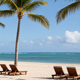 Caribbean Holidays, Puerto Rico Luxury, Luxury beachfront resort in Puerto Rico during February, with palm trees, calm turquoise sea and elegant sun loungers